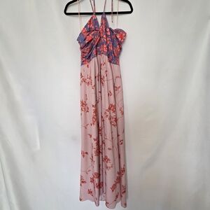 Badgley Mischka Delaney Floral Stripe Halter Flowy Maxi Dress 14